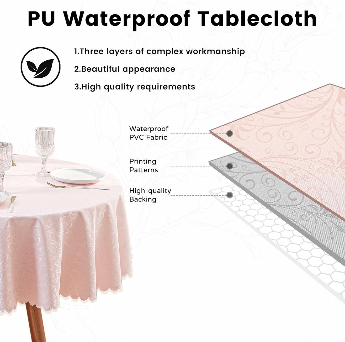 Qubjus Round Jacquard Tablecloth High Weight Heavy Waterproof oilproof with Lace Table Cover for Dining Table,Round-70 Inch, Pink