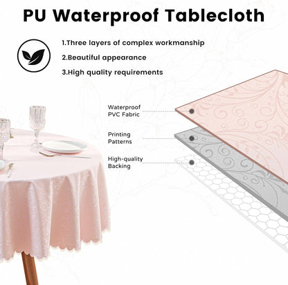 Qubjus Round Jacquard Tablecloth High Weight Heavy Waterproof oilproof with Lace Table Cover for Dining Table,Round-70 Inch, Pink
