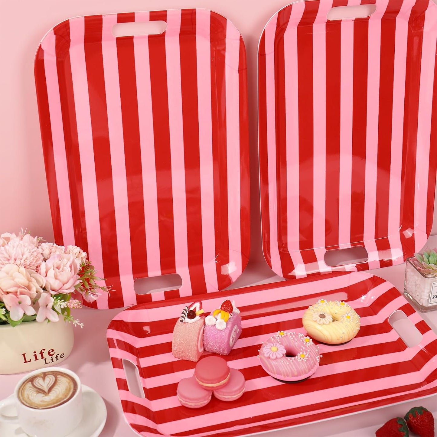 Whaline 3 Pcs Stripe Serving Trays Melamine Platter Red Pink Serving Dishes for Baby Shower Wedding Party Sharing Food Supplies, 16.5 x 11 Inch