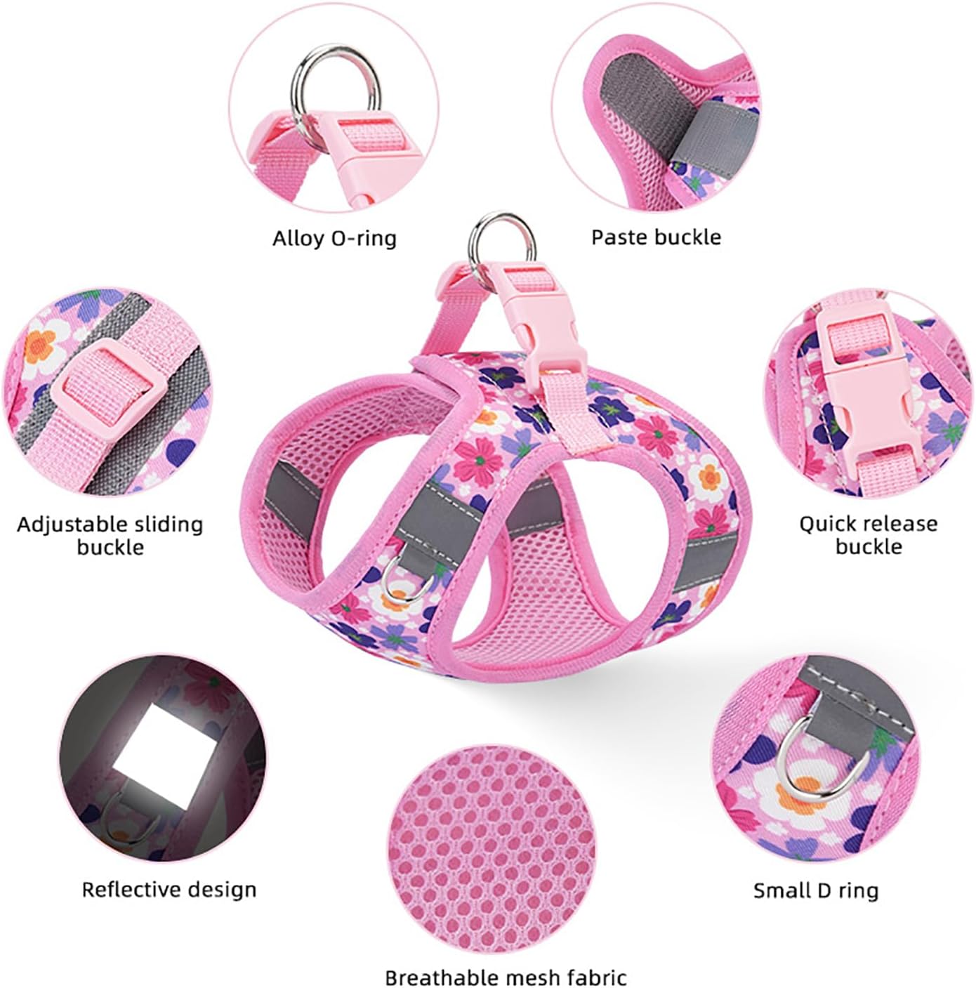 Small Dog Harness Cute Pink Flowers Step in Vest Harness Mesh Padded Soft Harness for Small Medium Dogs Cats