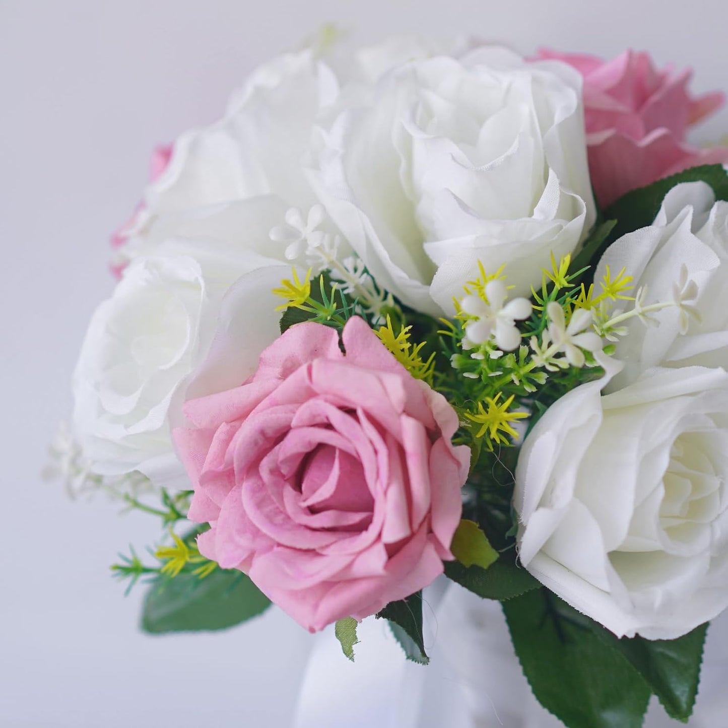 Wedding Bouquets for Bride - Realistic Silk Flowers Artificial Roses, 8 Inch Bridesmaid Bouquet for Ceremony, Church, Anniversary, and Home Decoration (White & Pink)