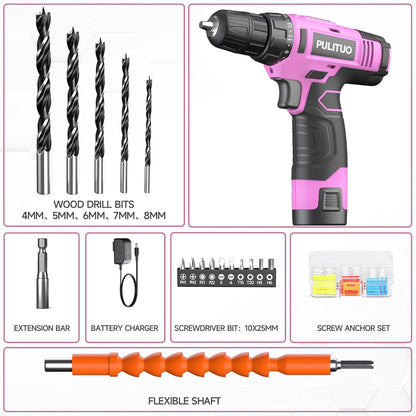 PULITUO 12V Pink Cordless Drill Set Power Drill Kit with Battery and Charger,electric drill home improvement,3/8-Inch Keyless Chuck,Built-in LED,21+1 Torque Setting