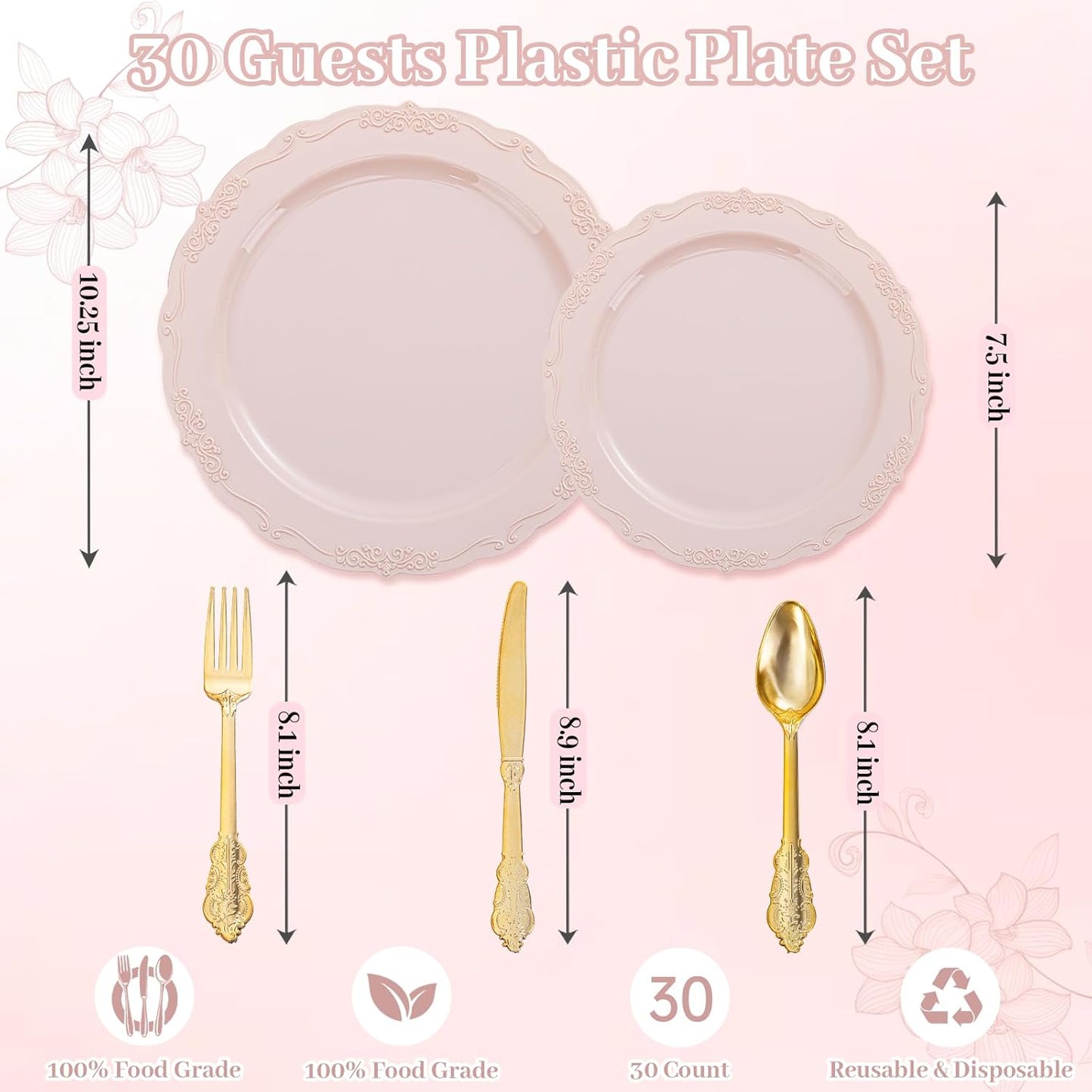 DaYammi 150Pcs Pink Plastic Plates & Gold Plastic Silverware,Pink Disposable Plates for Party Include 30 Dinner Plate,30 Dessert Plate,30 Gold Forks and 30 Spoons, 30 Knives for Wedding Bridal Shower