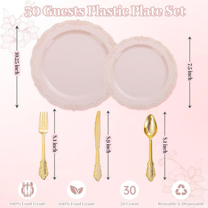 DaYammi 150Pcs Pink Plastic Plates & Gold Plastic Silverware,Pink Disposable Plates for Party Include 30 Dinner Plate,30 Dessert Plate,30 Gold Forks and 30 Spoons, 30 Knives for Wedding Bridal Shower
