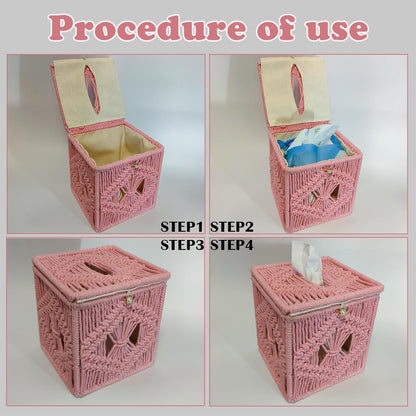 Handwoven Macrame Tissue Box Cover Boho Square Cute, Decorative Holder for Bathroom, Bedroom, Office with Flip-Top Lid & Closed-Bottom Design, 5.5"x5.5"x6" (Pink)