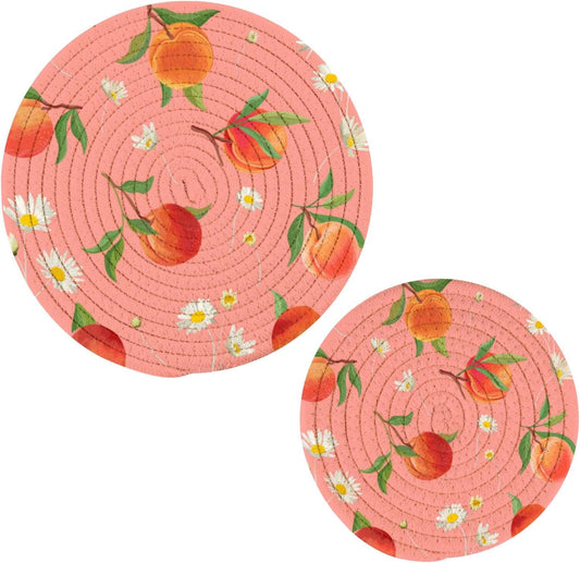 Kigai Vintage Multicolor Pattern in Turkish Style Round Cotton Trivets Pot Holders, Hot Pads Pure Cotton Stylish Coasters for Boho, Farmhouse, Kitchen Decor - 2pcs (Peach Pattern with Daisy)