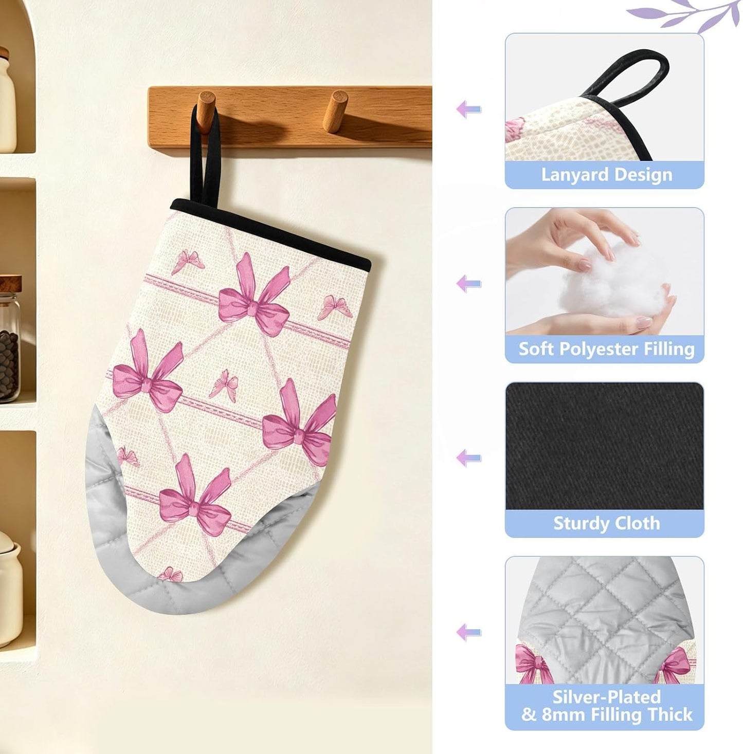 Oven Mitt 2 Pack Set Pink Bow Pattern Butterfly Kitchen Mitts Gloves for for Cooking Baking Grilling