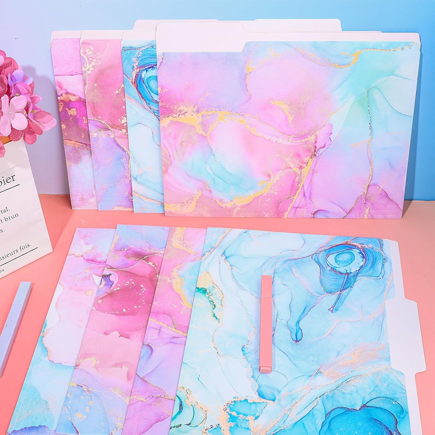 Whaline 24 Pack Marble File Folders Letter Size Pink Blue Marble Decorative File Pockets with 1/3 Cut Tab for Home Office Classroom Supplies, 8.9 x 11.6 Inch