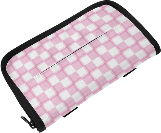 Car Tissue Holder Car Napkin Holder Car Tissue Box Dispenser Storage Case Sun Visor Mask Holder with Adjustable Straps Reusable Refillable Pink and White Checkerboard