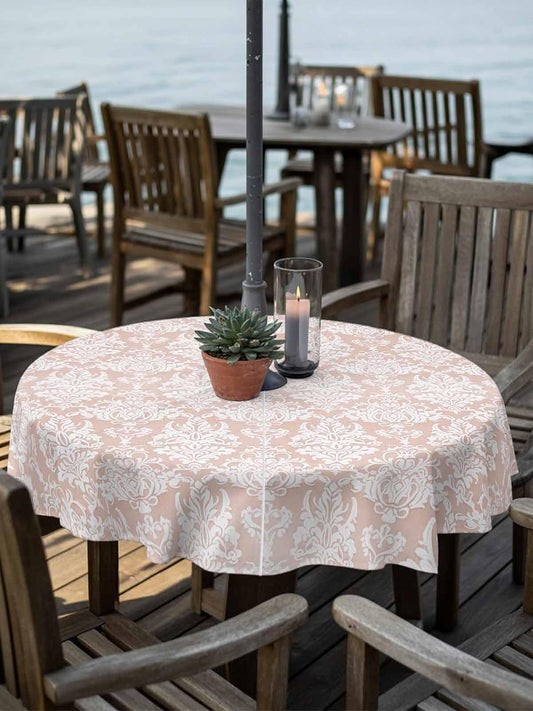 Vintage Floral Outdoor Tablecloth with Umbrella Hole & Zipper, Peach Floral Pattern Middle Eastern Style Dining Table Cover,Waterproof Patio Table Cloth for Backyard /Indoor/BBQs/Picnic 60R-inch