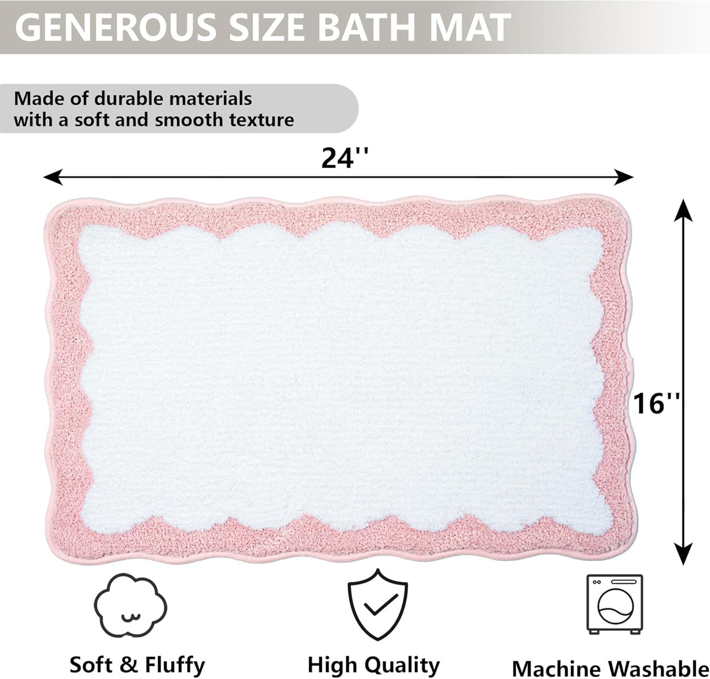Pink Bathroom Rugs Soft Non Slip Pink Bath Mat Irregular Shaped Scalloped Bath Mat for Preppy Bedroom Decor Aesthetic Luxury Microfiber Machine Washable Funky Cute Rug for Bedroom Tub Shower 16" x 24"