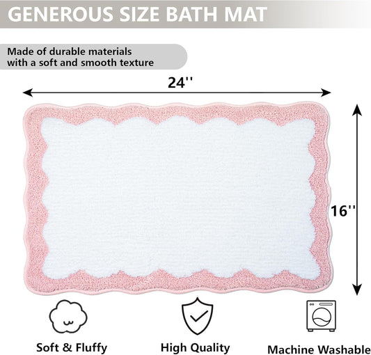 Pink Bathroom Rugs Soft Non Slip Pink Bath Mat Irregular Shaped Scalloped Bath Mat for Preppy Bedroom Decor Aesthetic Luxury Microfiber Machine Washable Funky Cute Rug for Bedroom Tub Shower 16" x 24"