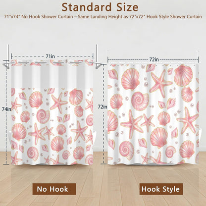No Hook Shower Curtain with Snap in Liner, Double Layers Waterproof Fabric Shower Curtains with Sheer Top Window and Weighted Hem, Pink Seashell and Starfish Shower Curtains for Bathroom, 71x74 Inches