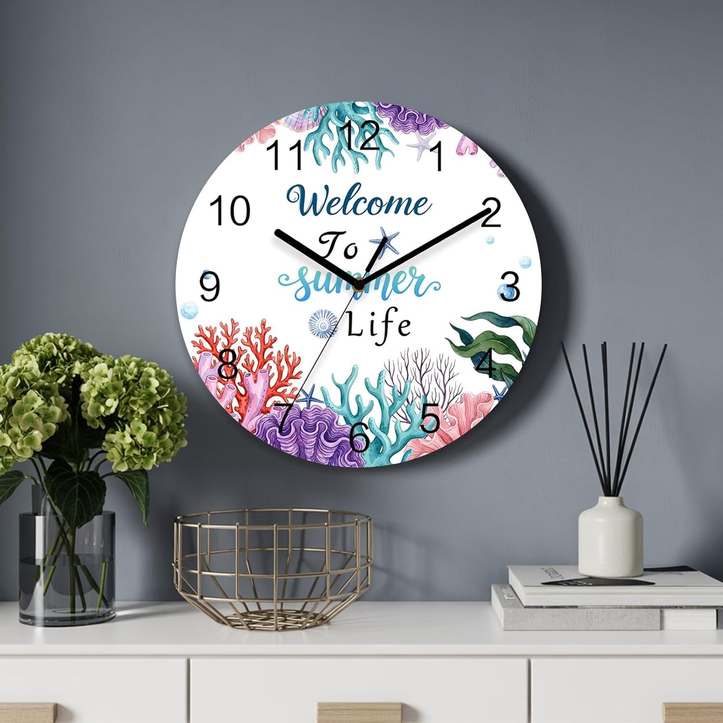 Underwater Coastal Wall Clock Battery Operated Non-Ticking 12" Round Wood Clocks, Summer Ocean Pink Plaid Corals Kitchen Wall Clock for School Bathroom Living Room Home Office Wall Decor