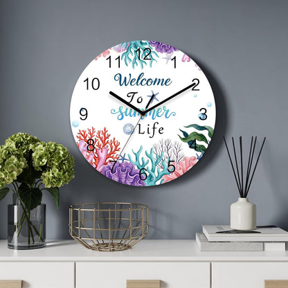 Underwater Coastal Wall Clock Battery Operated Non-Ticking 12" Round Wood Clocks, Summer Ocean Pink Plaid Corals Kitchen Wall Clock for School Bathroom Living Room Home Office Wall Decor