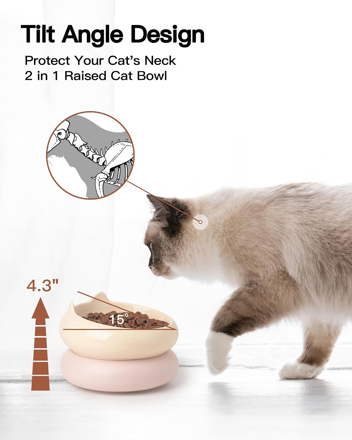 Cat Bowls, Ceramic Cat Bowls Food and Water Bowl Set, Whisker Friendly Cute Kitten Food Bowls for Protecting Pet's Spine, Perfect for Dry & Wet Food, Pink & Beige