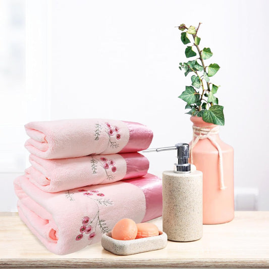 ABREEZE Pink Plum Blossom-Embroidered Bath Towel Set, 3 Pieces，Soft, Skin-Friendly and Water-Absorbent, Mother's Day and Valentine's Day Gift(1 Bath Towel,2 Hand Towels)