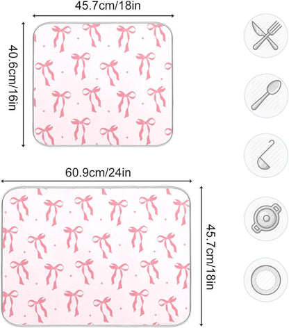 Pink Bow Bowknot Dish Drying Mat for Kitchen Countertop 16x18 Rectangle Small Drying Mat Reusable Quick Dry Dish Sink Absorbent Mats Dishwasher Easy Clean Decorative Home Decor Essentials