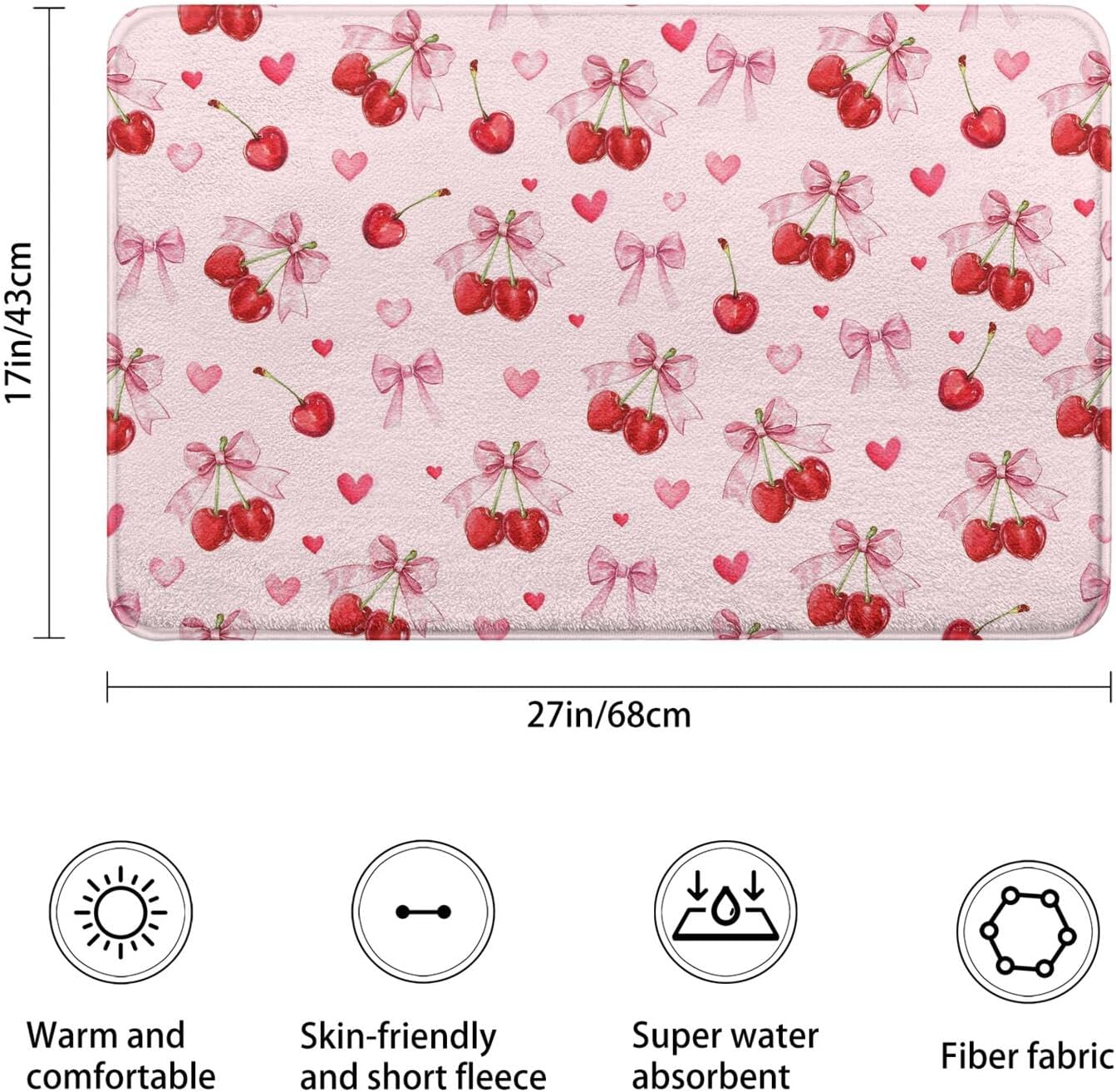Cherry Imitation Cashmere Bath Mat, Cute Pink Bathroom Floor Mat Rubber Backing Non-Slip Washable,Fruit Bathroom Rug Soft Absorbent Suitable for Bathtub Shower Door Mat Decoration 17x27Inch