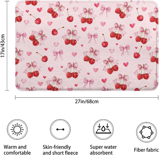 Cherry Imitation Cashmere Bath Mat, Cute Pink Bathroom Floor Mat Rubber Backing Non-Slip Washable,Fruit Bathroom Rug Soft Absorbent Suitable for Bathtub Shower Door Mat Decoration 17x27Inch