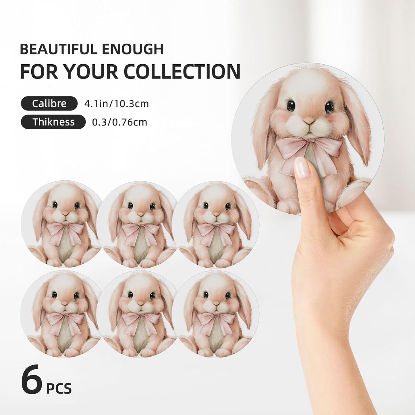 Watercolor Animal Light Pink Bunny Wearing Bow Ceramic Coasters with Holder Set of 6 Coffee Cup Drink Coasters