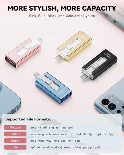 MFi Certified 256GB Flash Drive for iPhone iPad, USB Memory Stick Thumb Drive for iPhone/iPad/Android/PC(Rose Pink)