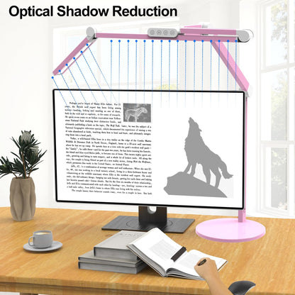Micomlan Led Desk Lamp with Base, Adjustable Tall Architect Desk Light for Home Office with Flexible Swing Arm, 24W Pink Bright Table Lamp Auto Dimming Computer Light for Workbench