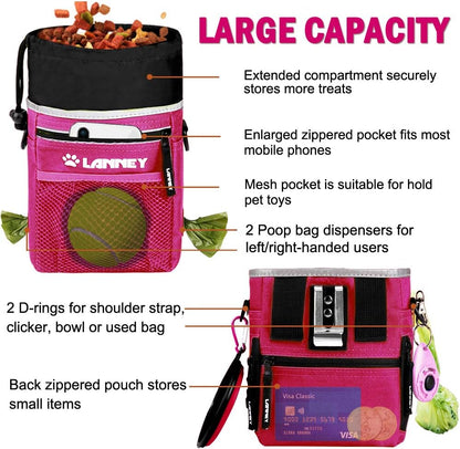 Dog Treat Pouch Pet Training Bag for Small to Large Dogs, Treat Tote Carry Kibble Snacks Toys for Training Reward Walking, Metal Clip, Waist belt, Shoulder Strap, Poop Bag Dispenser and Clicker