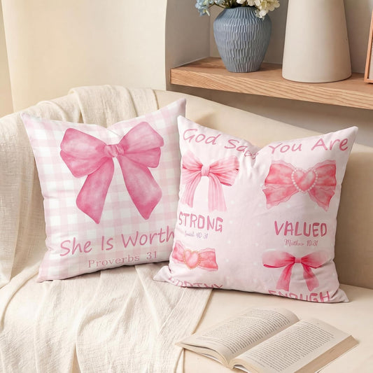 Unittype 2 Pcs Pink Bow Coquette Christian Throw Pillow Covers Set 18x18 Bible Throw Pillowcase Coquette Room Decor God Says You are Inspirational Affirmations Gifts for Bedroom Living Room Decor