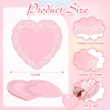Cinnvoice 100 Pcs Heart Doilies Heart Paper Doilies Party Lace Paper Placemats Disposable Placemats for Wedding Birthday Cakes Desserts Snack Tableware Decoration(Pink,10 Inch)