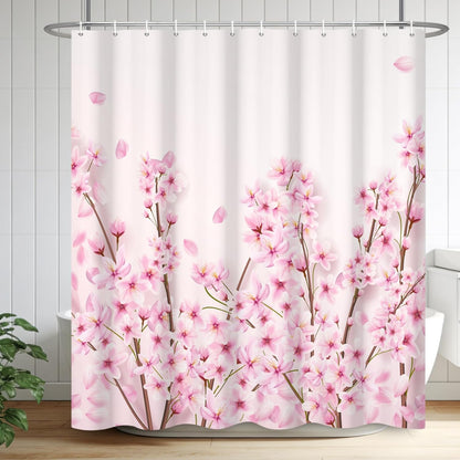 Renaiss 72x72 Inches Pink Cherry Blossom Shower Curtain Spring Pink Peach Floral Branches with Flower Buds Fabric Bath Shower Curtains for Bathroom Decor Waterproof Polyester with Hooks