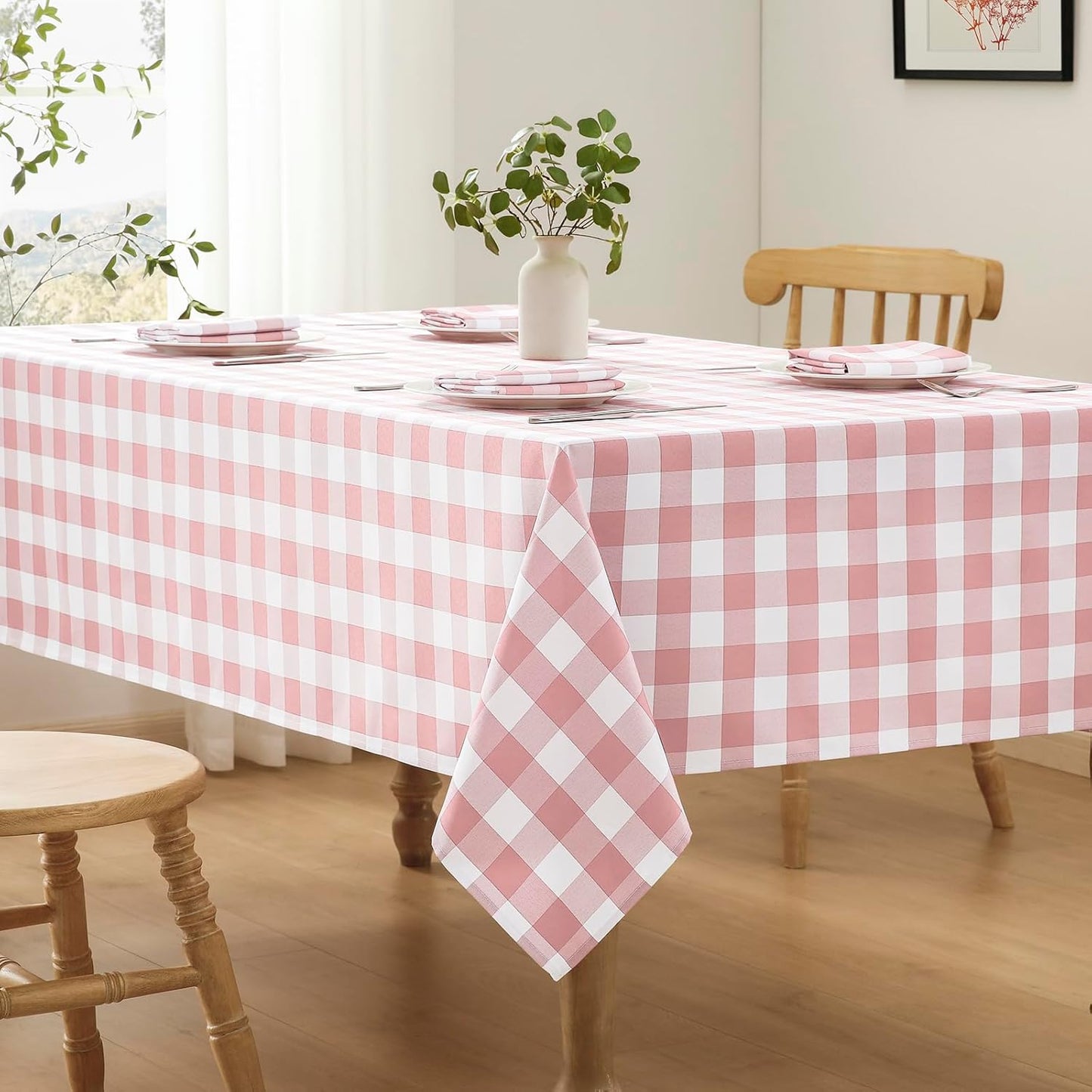 Veblandy Checkered Tablecloth Rectangle Waterproof Gingham Table Cloth Washable Buffalo Plaid Table Cover Wrinkle Free for Kitchen, Dining and Outdoor Picnic, 60 x 84 Inch, Pink and White