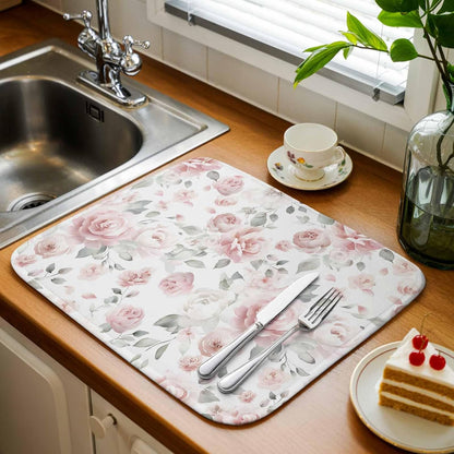 Light Pink Flowers Dish Drying Mat 1 Pack, Gray Leaf Spring Floral Farm Plant Absorbent Heat Insulating Kitchen Drying Pad Drainer Mats for Sink Counter Dishes 16 X 18 Inch