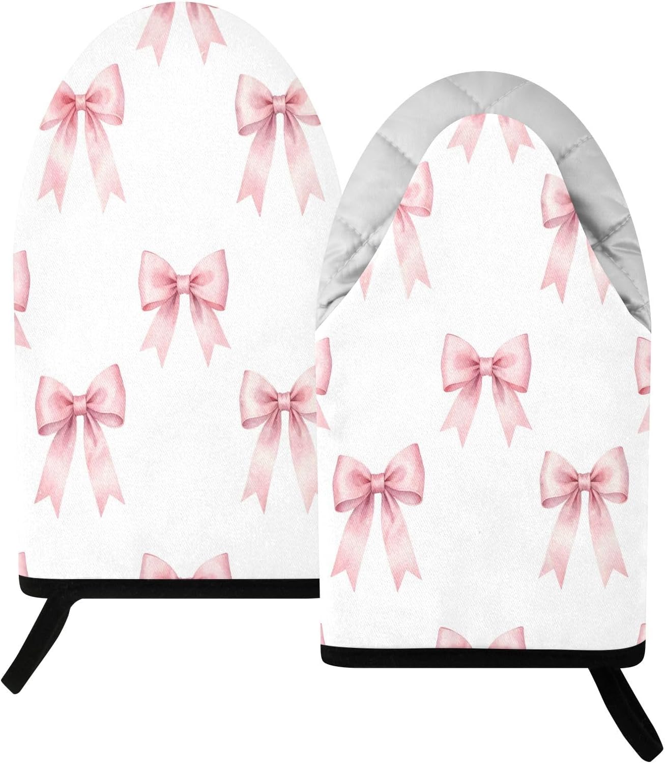 Pink Bows Ribbons Non-Slip Oven Mitts Set Heat Resistant Kitchen Gloves with Quilted Liner Cotton Machine Washable with Hanging Loop for Baking Grilling BBQ