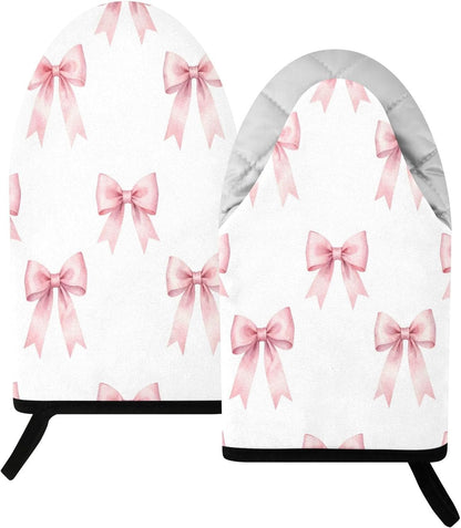 Pink Bows Ribbons Non-Slip Oven Mitts Set Heat Resistant Kitchen Gloves with Quilted Liner Cotton Machine Washable with Hanging Loop for Baking Grilling BBQ