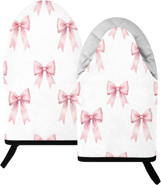 Pink Bows Ribbons Non-Slip Oven Mitts Set Heat Resistant Kitchen Gloves with Quilted Liner Cotton Machine Washable with Hanging Loop for Baking Grilling BBQ
