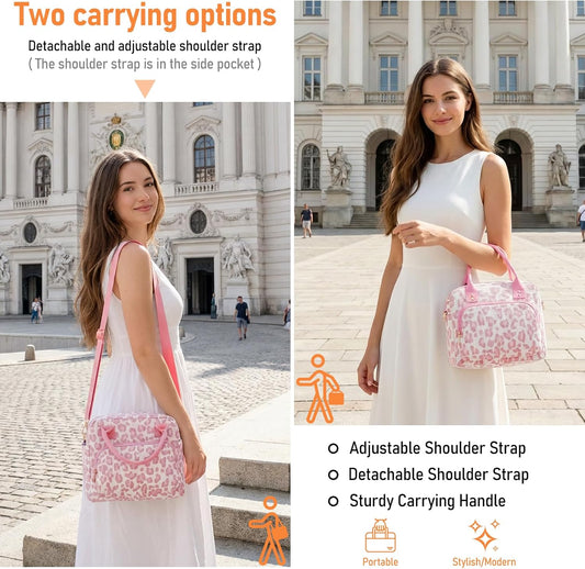 Lunch Bag Large Insulated Lunch Box for Women Adult Cute Pink Leopard Lunchbox Corduroy Lunch Bags Boxes Pail with Shoulder Strap for Work Mom Picnic Office Travel 11.4×6.8×9.1 inches 11.5L