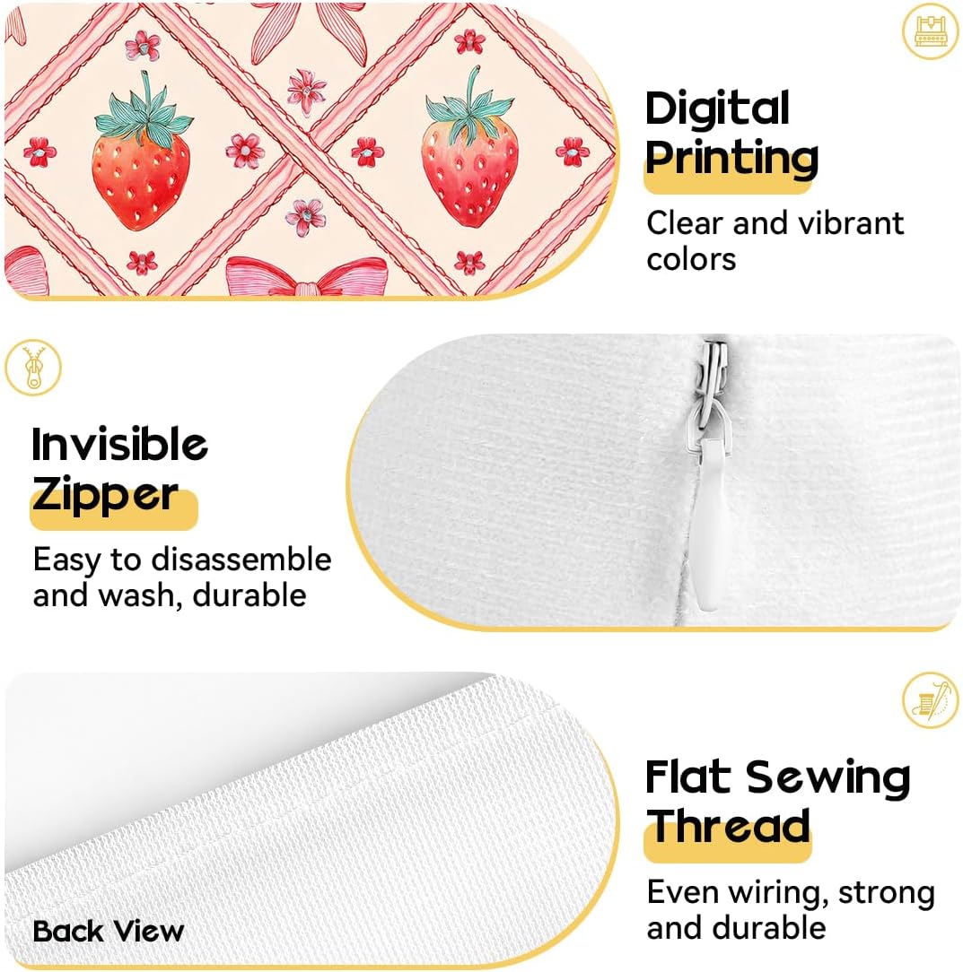 OBSEDE Pink Bow Strawberry Throw Pillow Covers 18 × 18 in, Set of 4, Couch Cushion Cases Inserts for Sofa Bed Living Room Home Decor, Single Side Print