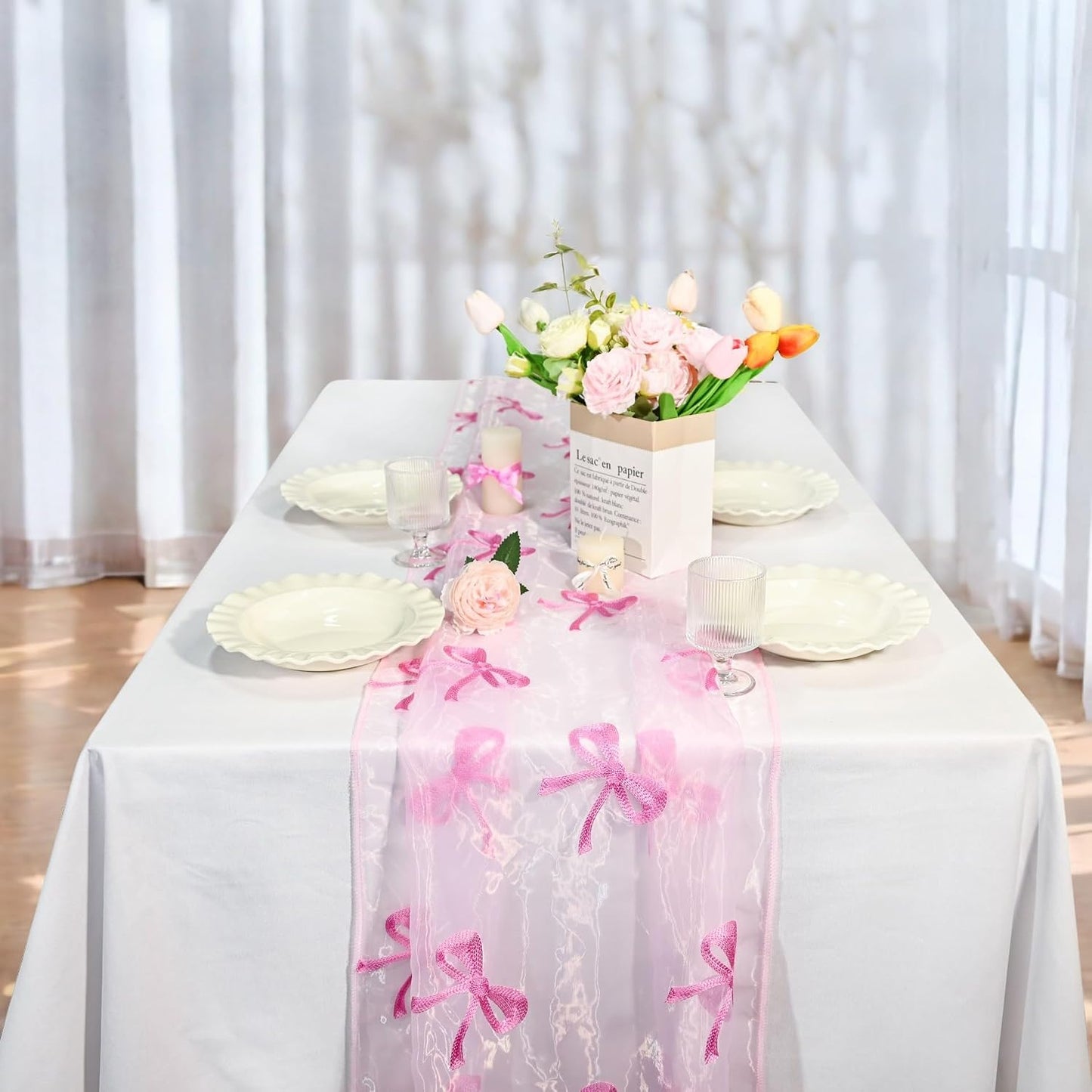 Lace Table Runner for Wedding 118x27.5 Inch Embroidered Heart & Bow Design, Red Pink Lace Tablecloth for Bridal Shower, Birthday Party, Anniversary Decoration (Pink)