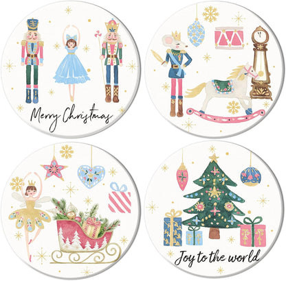 Whaline 4Pcs Christmas Ceramic Coasters Drink Coasters Nutcracker Xmas Winter Absorbent Cup Mat for Holiday Home Kitchen Party Table Decor