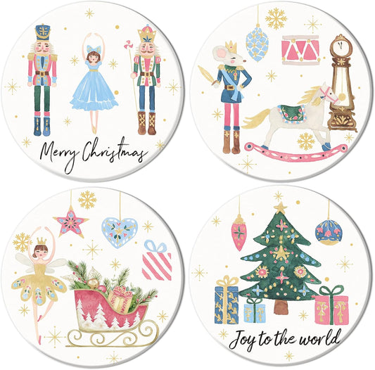 Whaline 4Pcs Christmas Ceramic Coasters Drink Coasters Nutcracker Xmas Winter Absorbent Cup Mat for Holiday Home Kitchen Party Table Decor