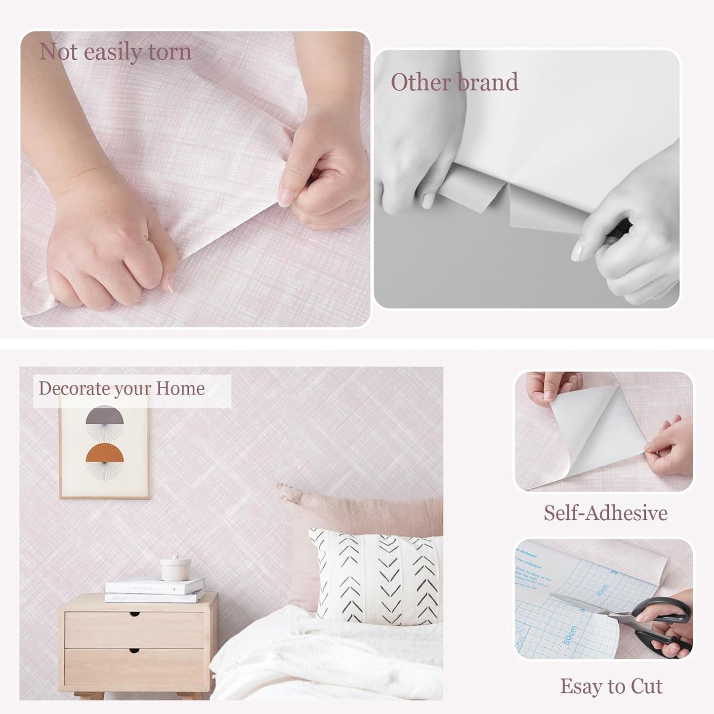 Toduso Pink Peel and Stick Wallpaper Modern Removable Wallpaper Girls Room Boho Wall Paper Waterproof Self-Adhesive Diagonal Line Contact Paper for Bedroom Bathroom Cabinets Decor Vinyl 17.3"x196.8"