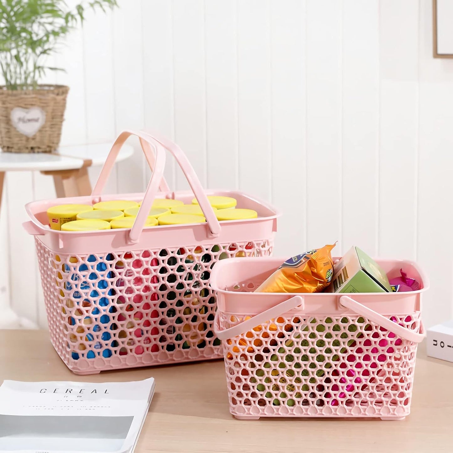 Anyoifax Portable Shower Caddy Tote, Plastic Storage Basket with Handle Bath Organizer Bin for Bathroom, Pantry, Kitchen, College Dorm, Garage - 11.2 x 7.9 x 6.8 in - Pink