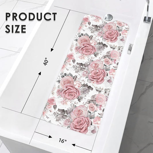 Pink Flower Leaves Bath Mat Non Slip, Floral Rose Spring 40 X 16 Inch Extra Long Bathtub Shower Mat for Tub Anti Slip with Suction Cups and Drain Holes for Kids Adults Elderly