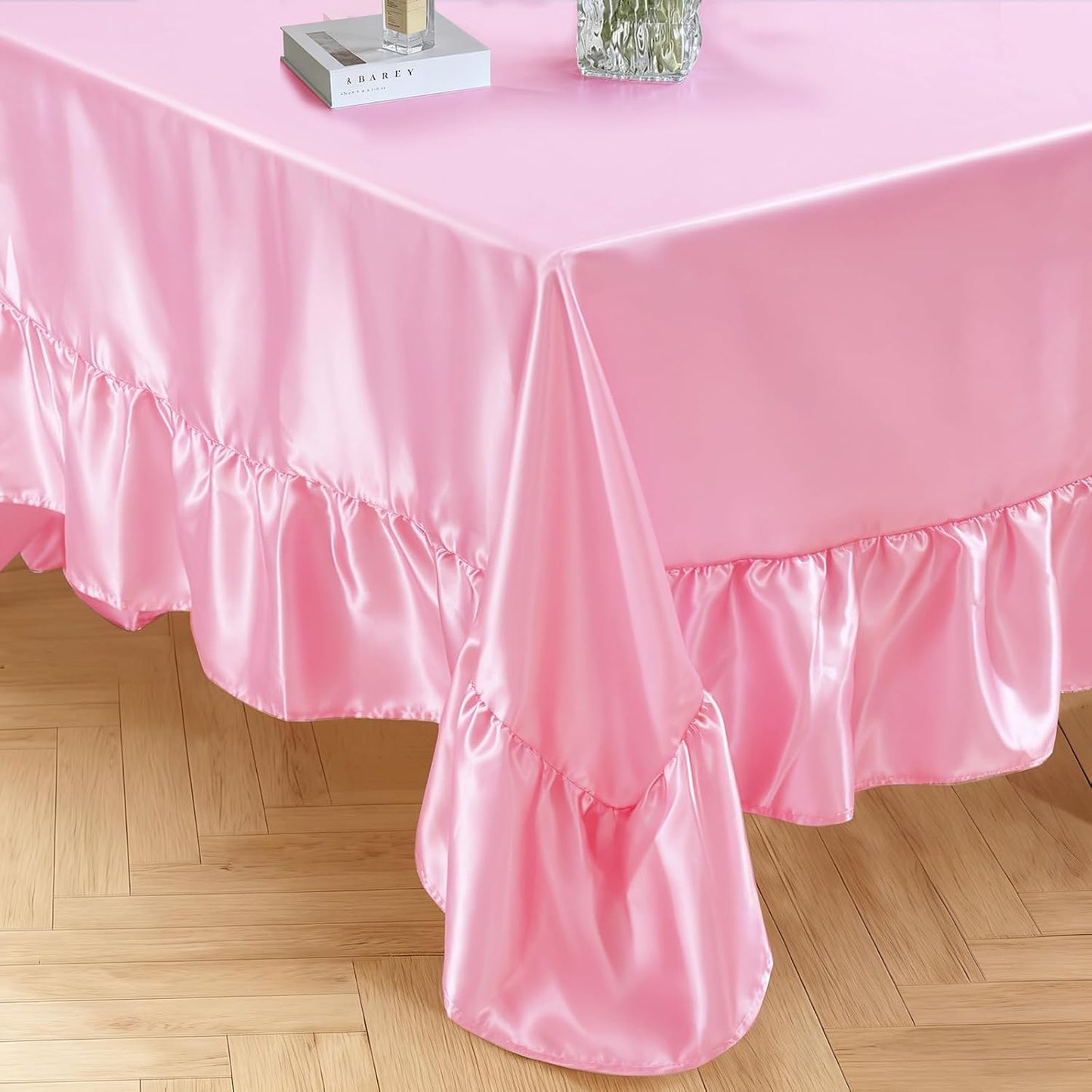 1 Pack Ruffle Tablecloth 60" x 102",Pink Satin Tablecloth Rectangle Silky Table Cloth Table Cover,Scalloped Table Cloth for Kitchen Dining and Weddings