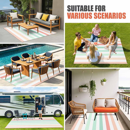 Outdoor Area Rug 3x5ft Washable Patio Rugs, Peach Pink Green Ombre Indoor Outdoor Carpet for Living Room Entryway Porch, Farmhouse Stripe ModernNon-Slip Outside Front Door Mat