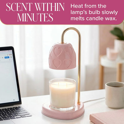 Paris Hilton Candle Warmer Lamp for Jar Candles, Electric Candle Lamp Warmer with 35W GU10 Bulb, Pink Debossed Hearts Shade and Gold-Finish Stem, Pink