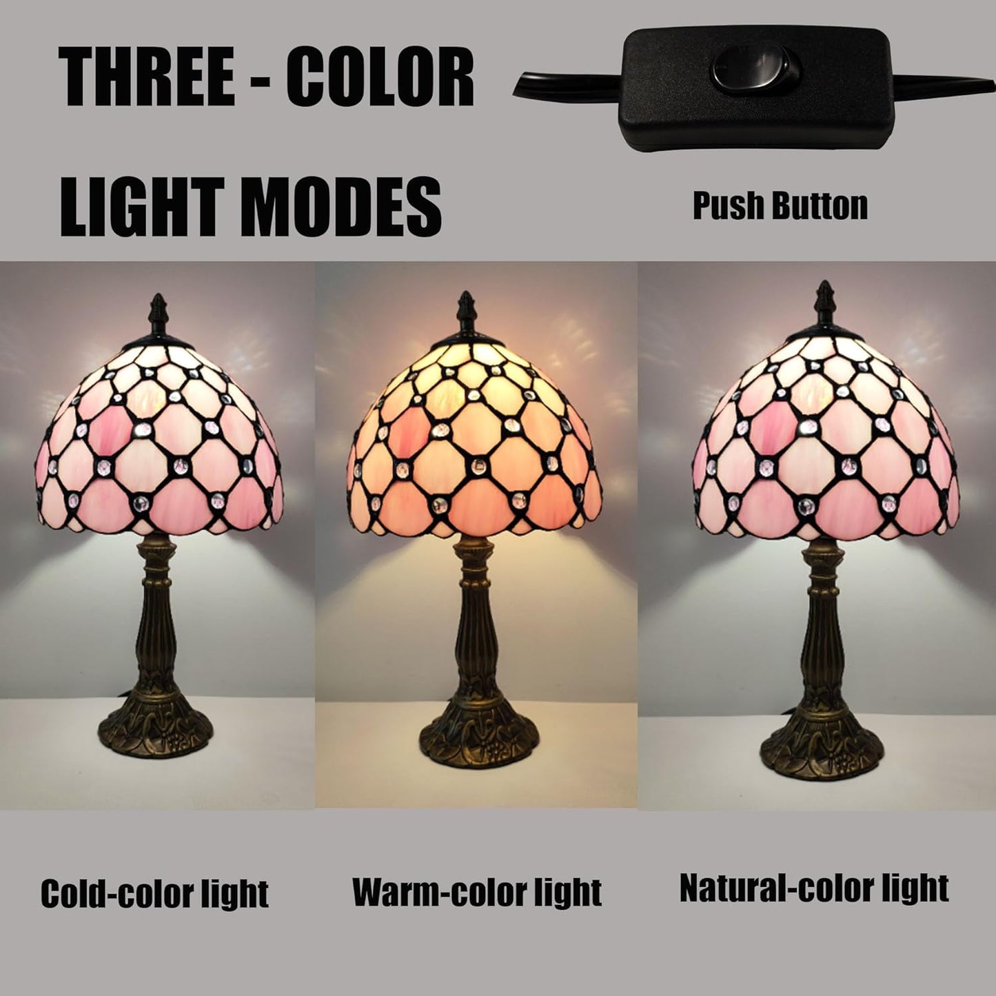 Tiffany Table Lamp 3-Way Light Handmade Bedside Lamp Small Desk Night Lamp Stained Glass Antique for Home Office Bedroom Living Room Study Room (Pink Pearls Style)