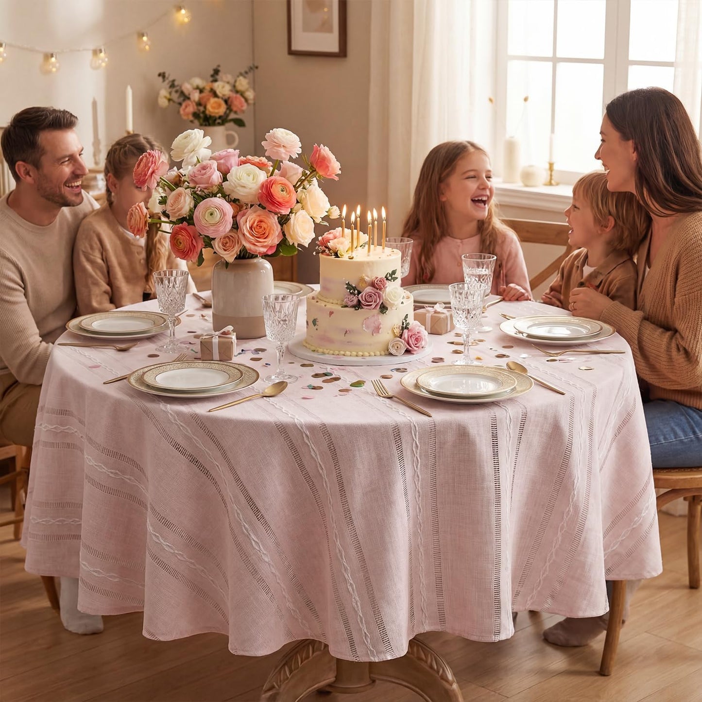 Horaldaily Pink Cotton Blend Tablecloth 60×60 Inch Round, Farmhouse Style, Wrinkle Resistant Washable Table Cloth, Hemstitched Embroidery Table Cover for Home