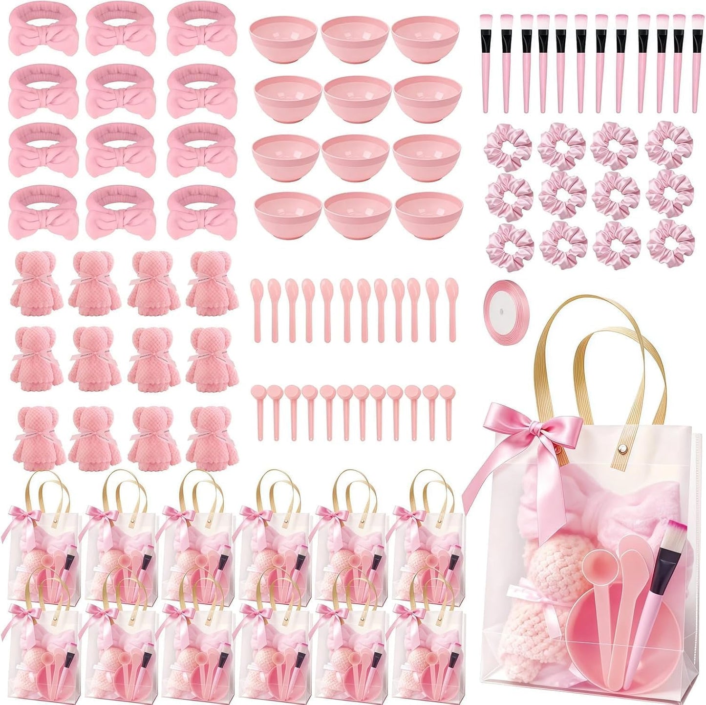 97 Pcs Spa Party Favors Sleepover Party Supplies Include Bow Headband Scrunchies Gift Bag Face Mask Mixing Bowl Set Face Wash Cloths for Spa Sleepover Birthday Party Women Bridesmaid Return Gifts